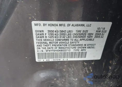 2019 Honda Pilot Touring z USA, uszkodzony, nr VIN 5FNYF6H60KB033713